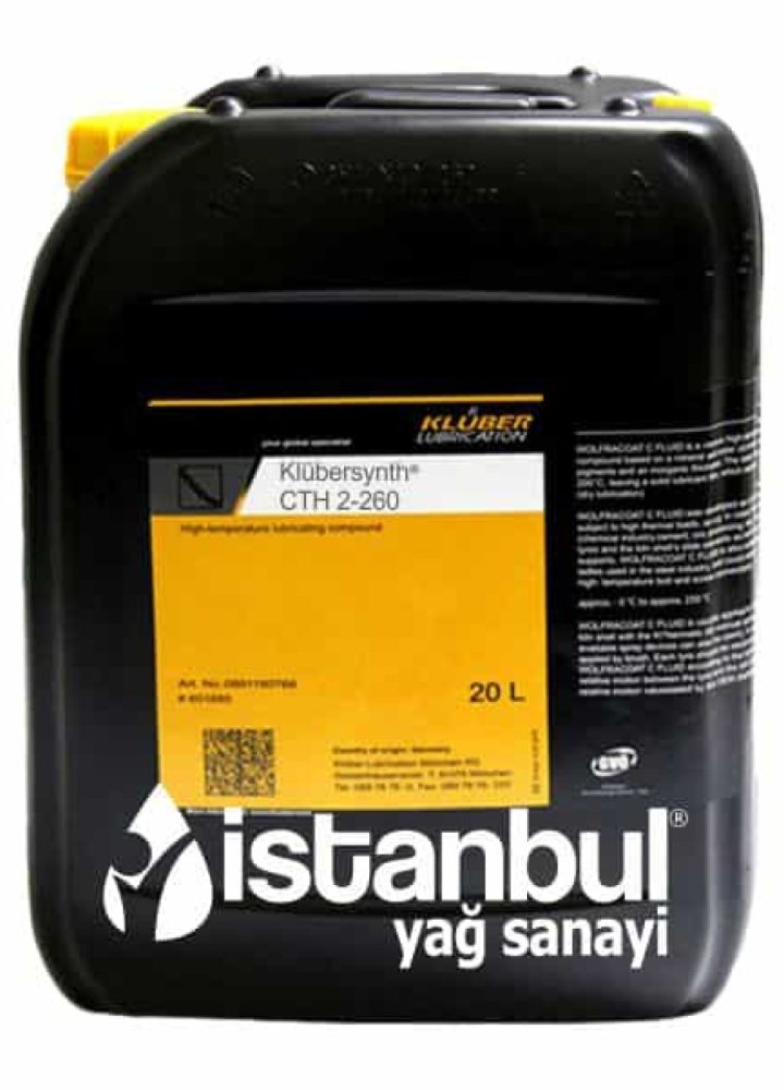 Klüber Klübersynth CTH 2-260 1 Klüber Klübersynth CTH 2-260 tekstil endüstrisi tenter zincirleri için yüksek sıcaklık zincir yağı ambalaj görseli