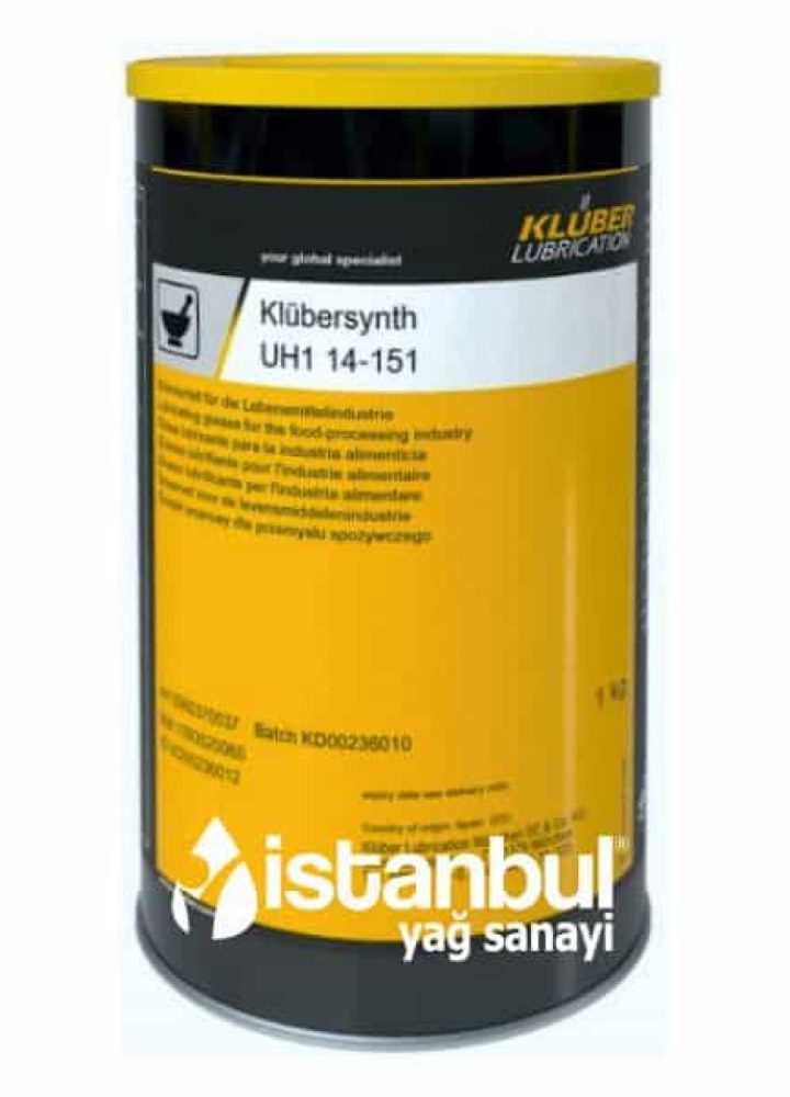 Klüber Klübersynth UH1 14-151 1 Klüber Klübersynth UH1 14-151 gıda ve ilaç endüstrisi için sentetik gres ambalaj görseli